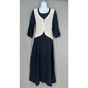 90s Vintage Dress Medium Black Maxi Crochet Cottage Prairie Whimsigoth Boho